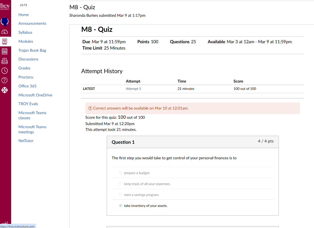 BUS6600: M8 - Quiz | Score for this quiz: 100 out of 100 | Submitted Mar 9 at 12:20pm